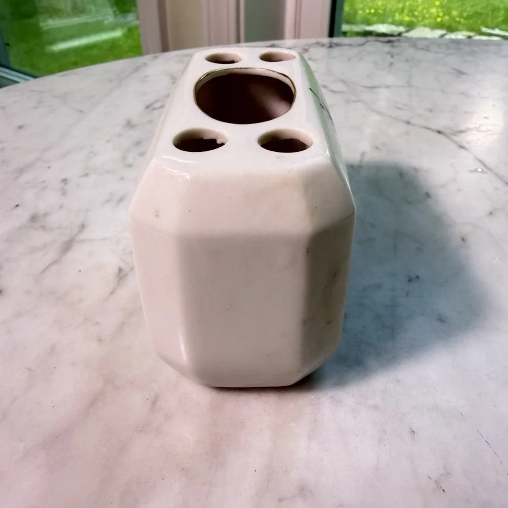 Vintage Ceramic Floral Toothbrush Holder White Blue Glossy Freestanding Bathroom